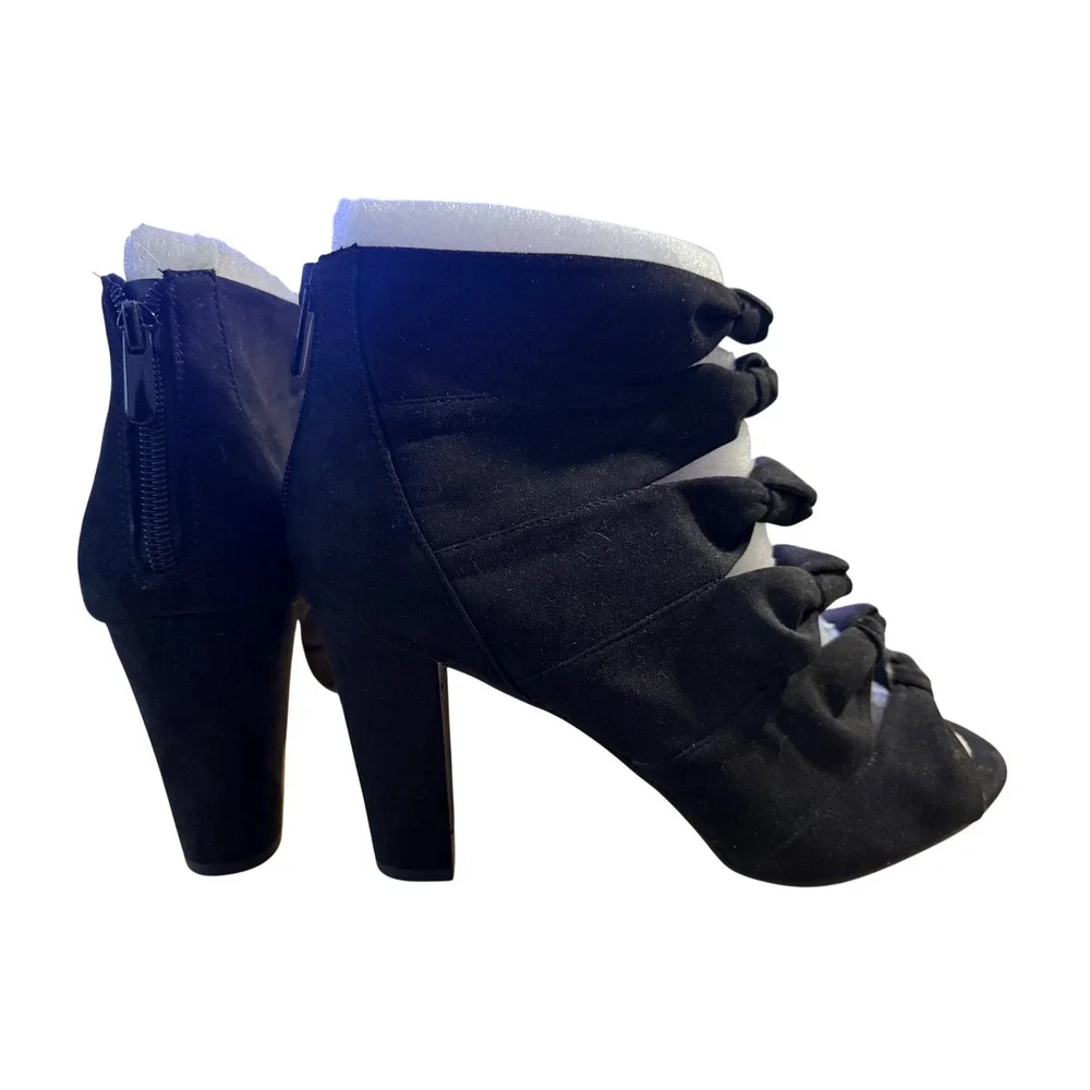 Black‎ Suede Bow Gladiator Heels Open Toe Zipper Ankle Boots Women's Size 8.5